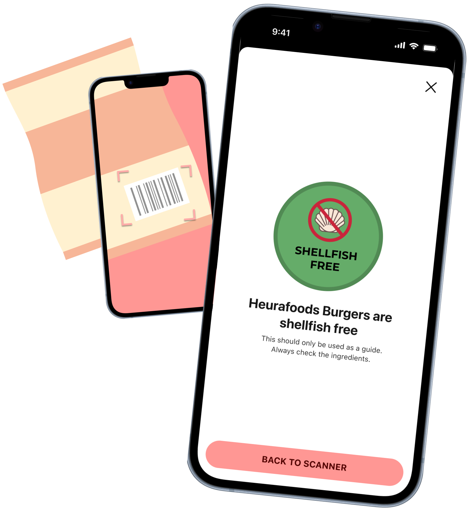 Two iPhones showing the user interface for Shellfish Free Scanner app